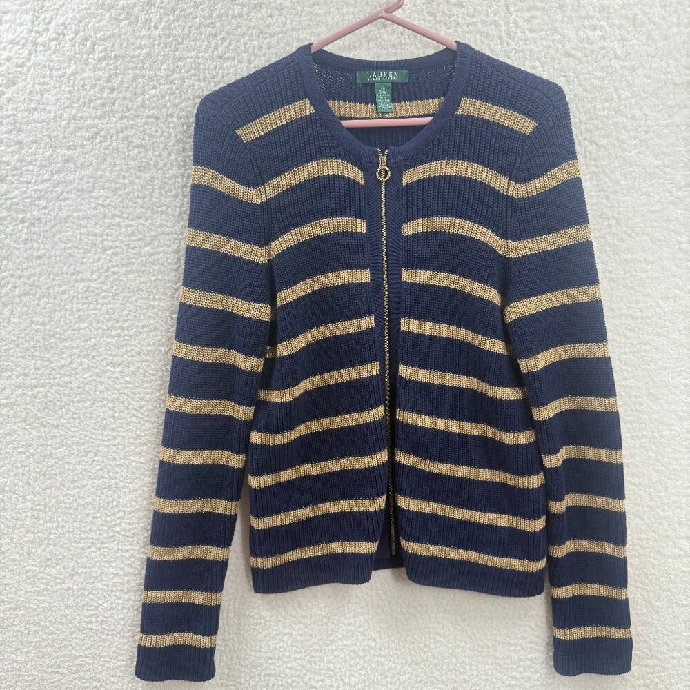 Lauren Ralph Lauren Striped Metallic Cardigan Cotton Sweater Navy & gold Zipper